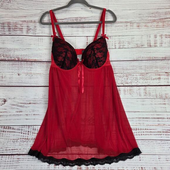 Red Babydoll Sheer Lace Slip 2XL Push Up Bra Lingerie Intimates Romantic Lounge - Picture 1 of 12